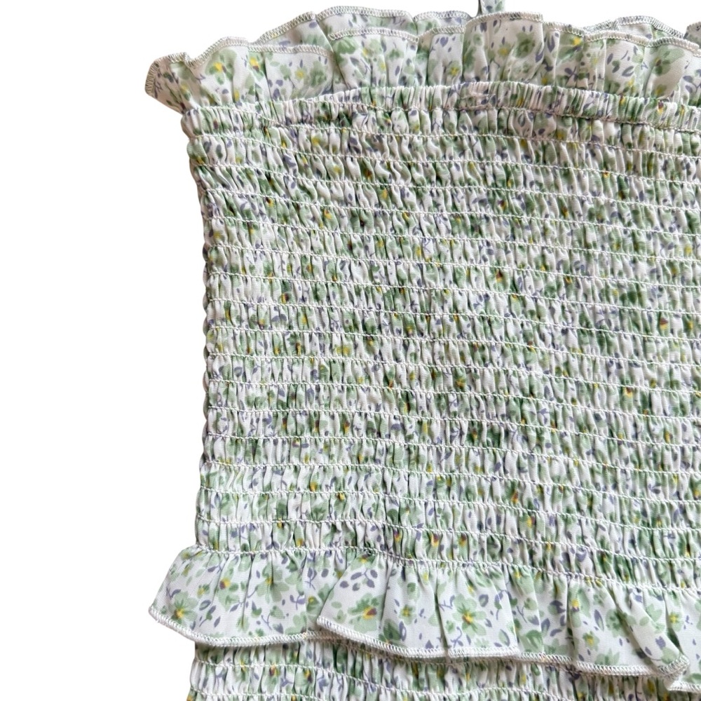 Cottagecore Smocked Ruffle Maxi Dress Green Floral Size Large Mable - Picture 4 of 11